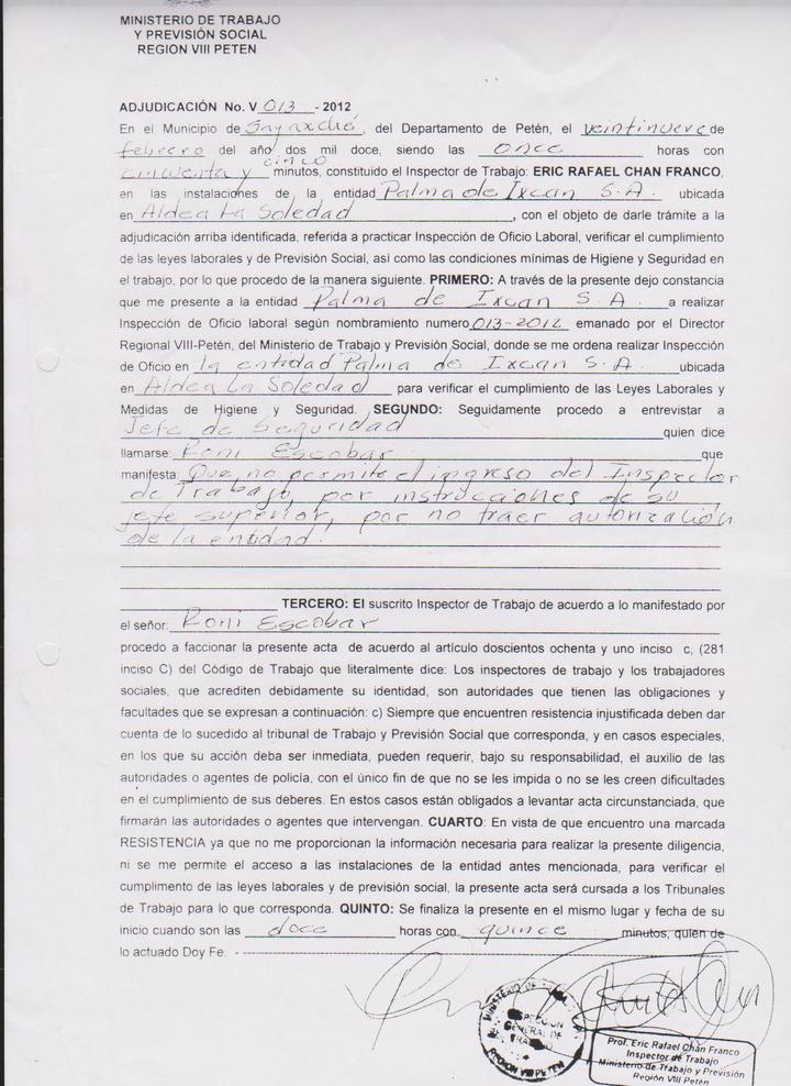 Actas de inspección 28 de febrero 2012 para Palmas del Ixcán.